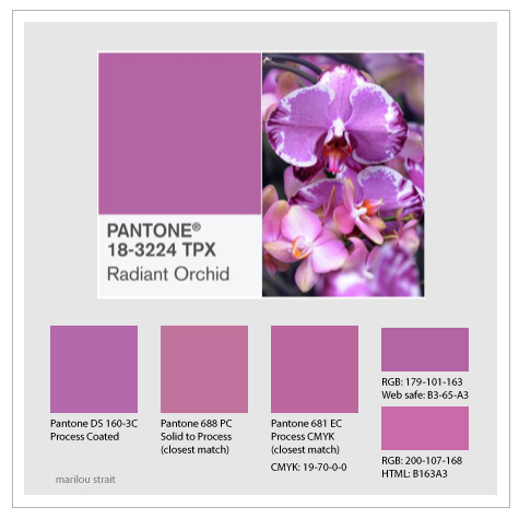 Radiant Orchid with colour references for print and web use.
